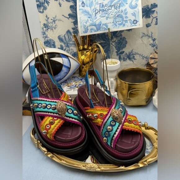 🆕 KURT GEIGER LONDON 🧿 NWOB Orson Cross Scallop Sandal Purple Multi Sz 37 US 7 - Picture 4 of 14